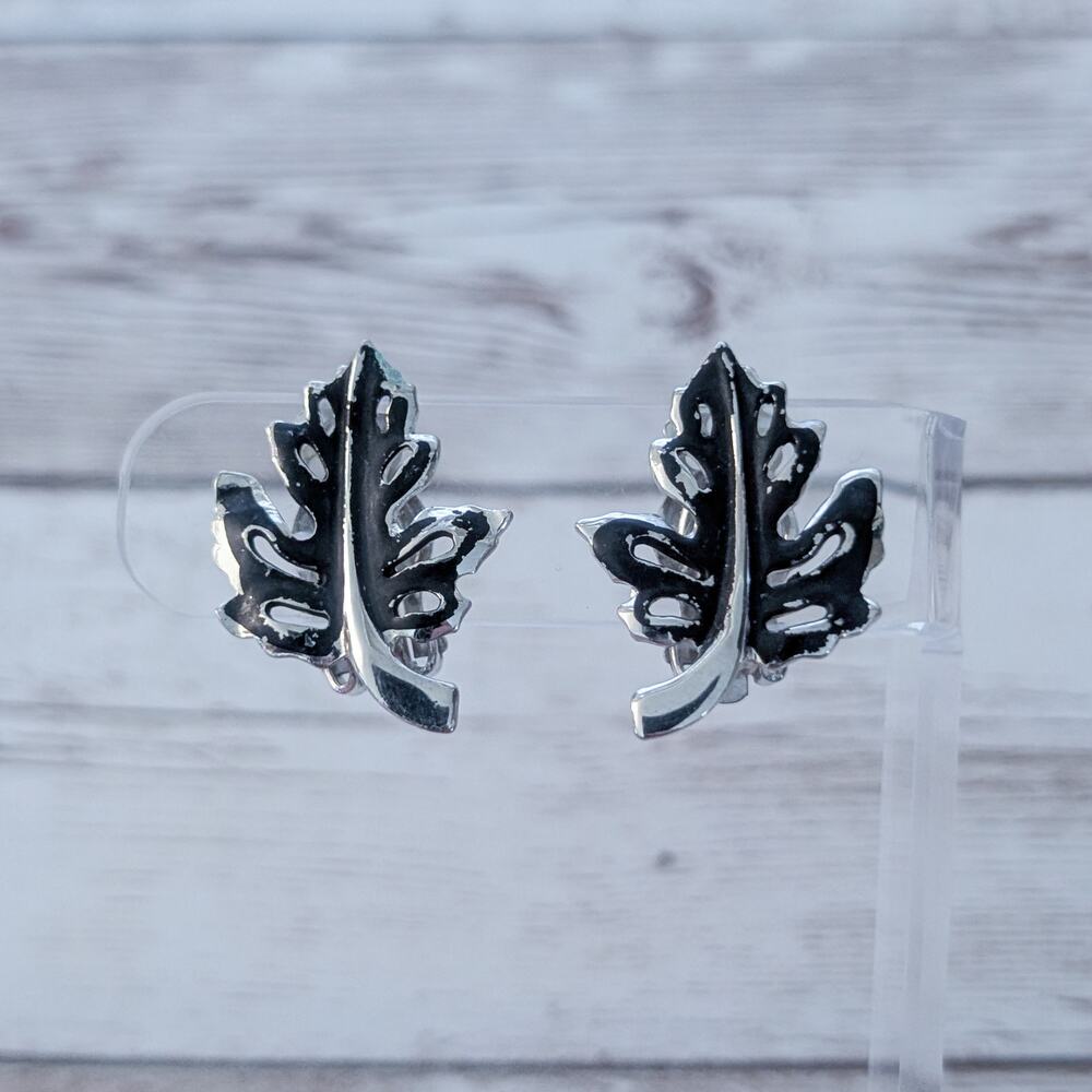 Vintage Clip On Earrings Black & Silver Tone Leaf - Some Paint Chipping